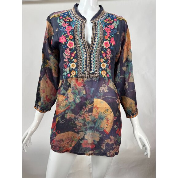 Johnny Was Embroidered Floral Tunic Top With 3/4 Sleeves & Mandarin Collar In Sh - Picture 1 of 16